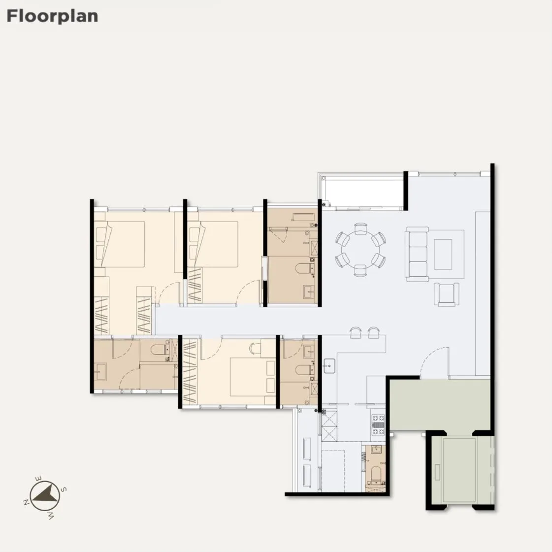 Type B1 floorplan — 3 bedrooms, 4 bathrooms