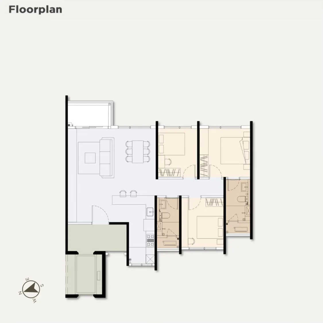 Type C1 floorplan — 3 bedrooms, 2 bathrooms
