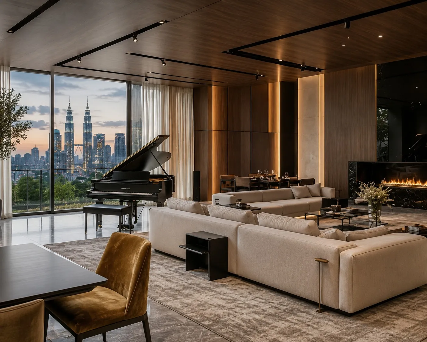 Spacious living hall with grand piano, feature fireplace and Kuala Lumpur skyline views