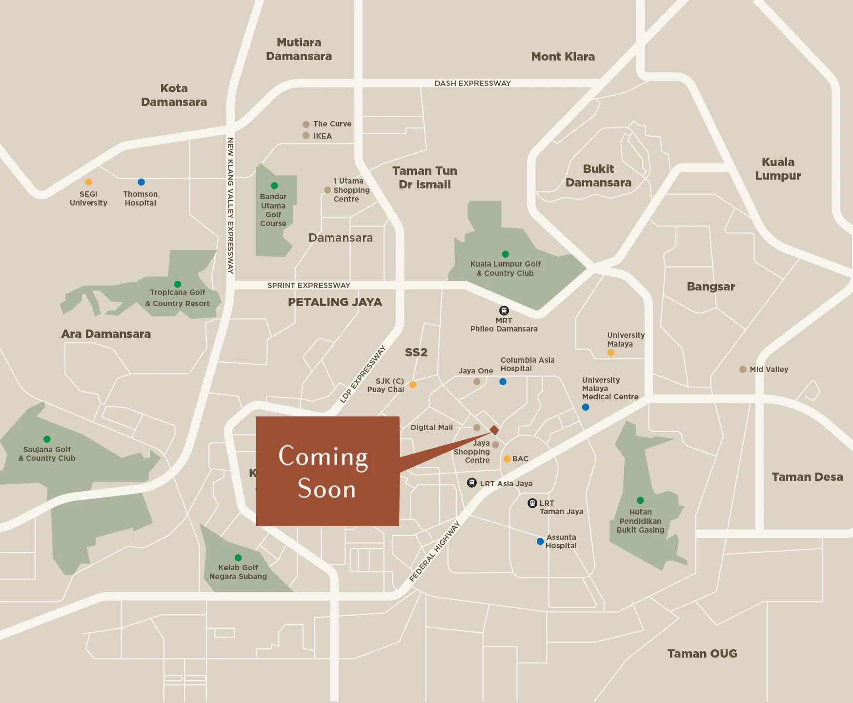 Map showing the development's location in the heart of Petaling Jaya, facing Plaza 33