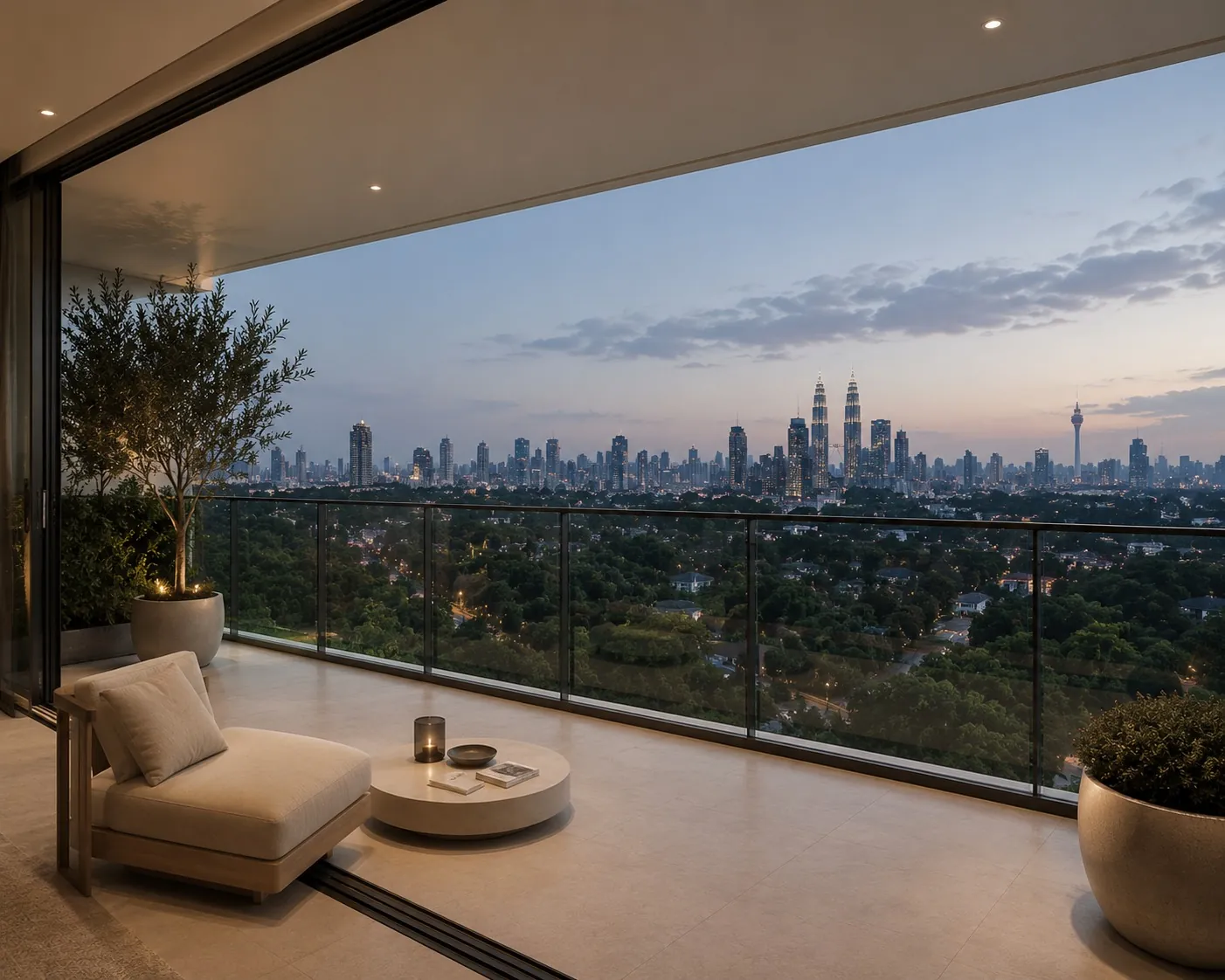Private balcony overlooking the Kuala Lumpur skyline at dusk