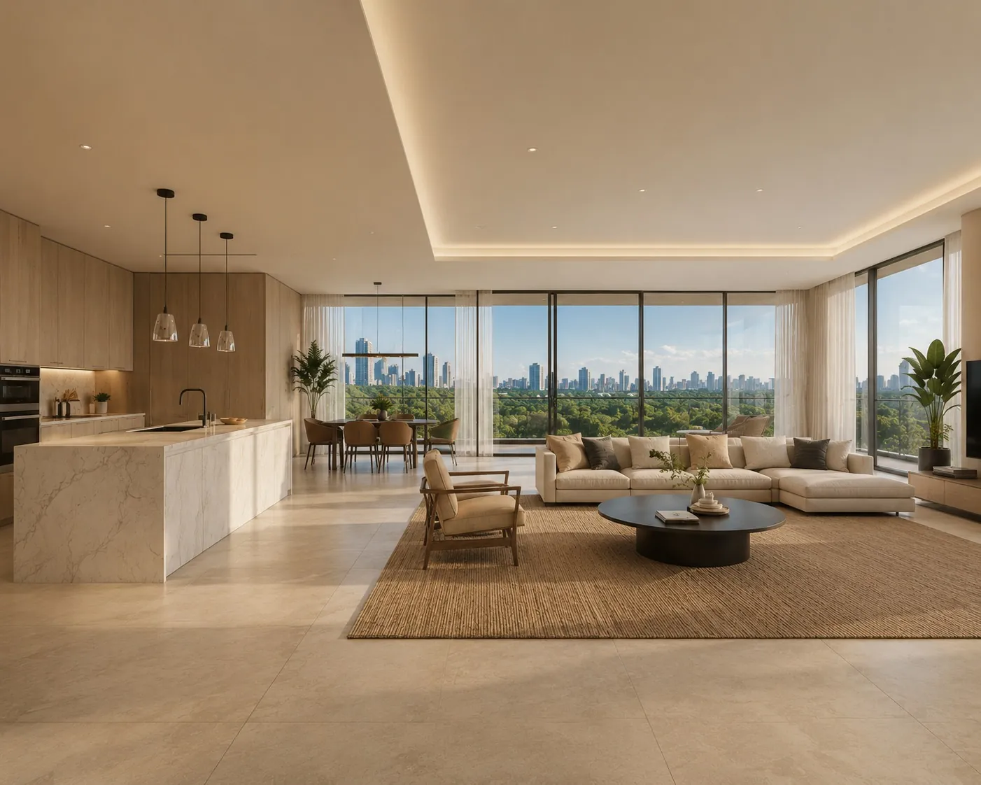 Open-plan living and dining with floor-to-ceiling frontage and city views